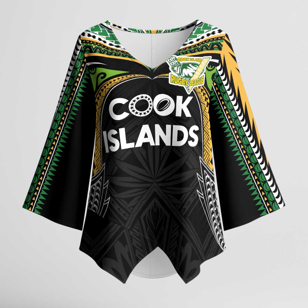 Custom Cook Islands Rugby League Kimono Sleeve Blouse Tatau Tribal Motifs-Black Color - Polynesian Pride