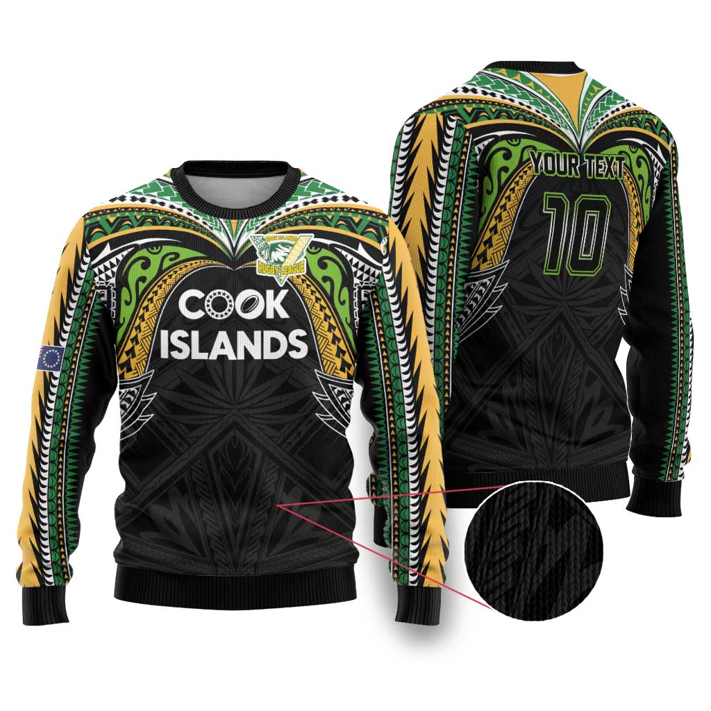 Custom Cook Islands Rugby League Ugly Christmas Sweater Tatau Tribal Motifs-Black Color - Polynesian Pride