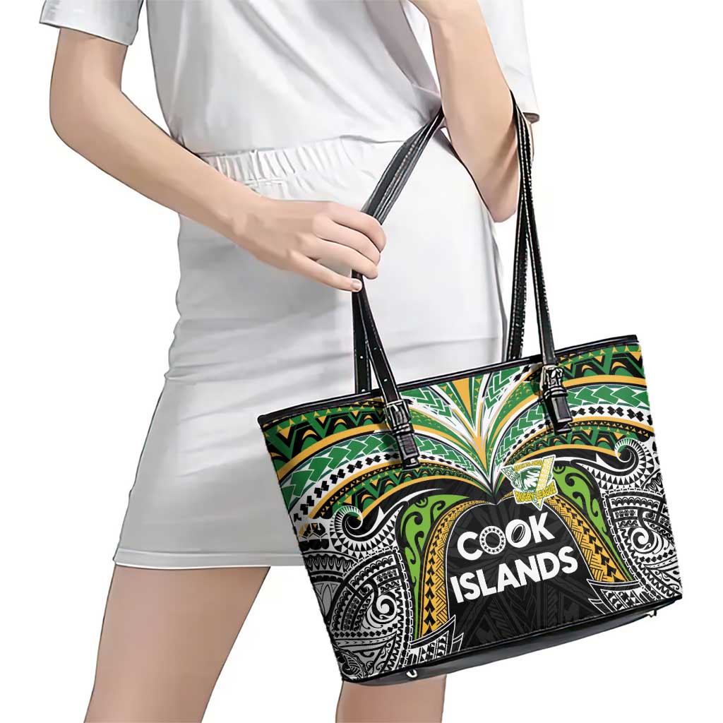 Cook Islands Rugby League Leather Tote Bag Tatau Tribal Motifs-Black Color LT03 - Polynesian Pride