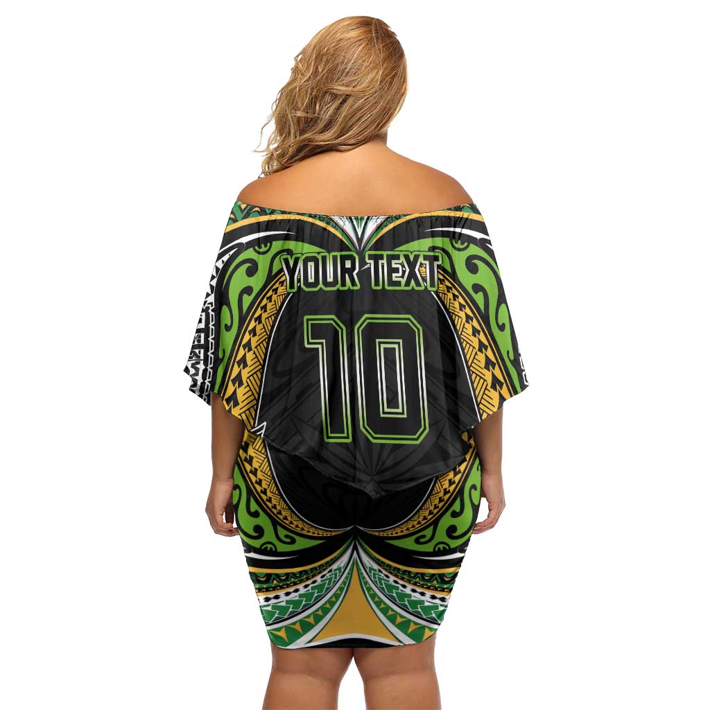 Custom Cook Islands Rugby League Off Shoulder Short Dress Tatau Tribal Motifs-Black Color LT03 - Polynesian Pride
