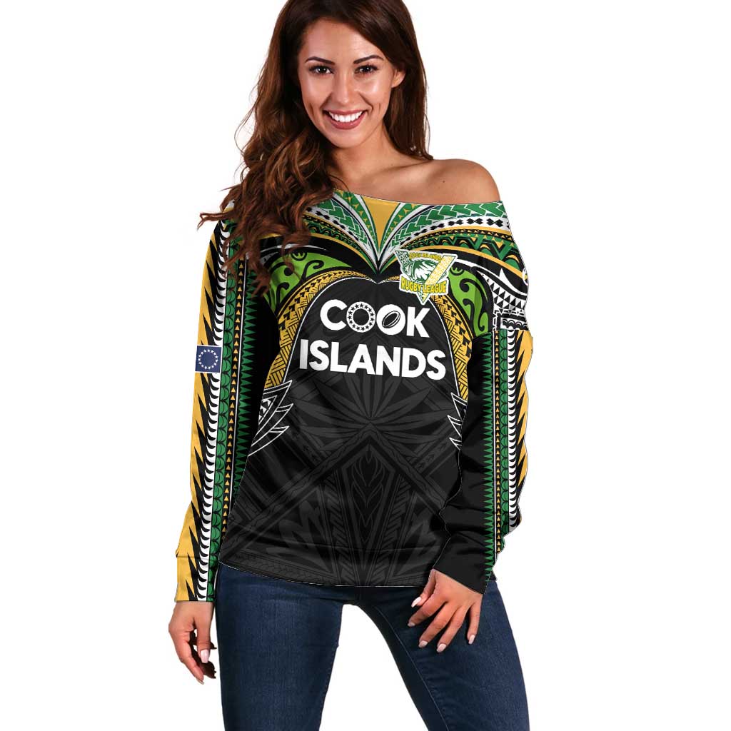 Custom Cook Islands Rugby League Off Shoulder Sweater Tatau Tribal Motifs-Black Color LT03 Women Black - Polynesian Pride