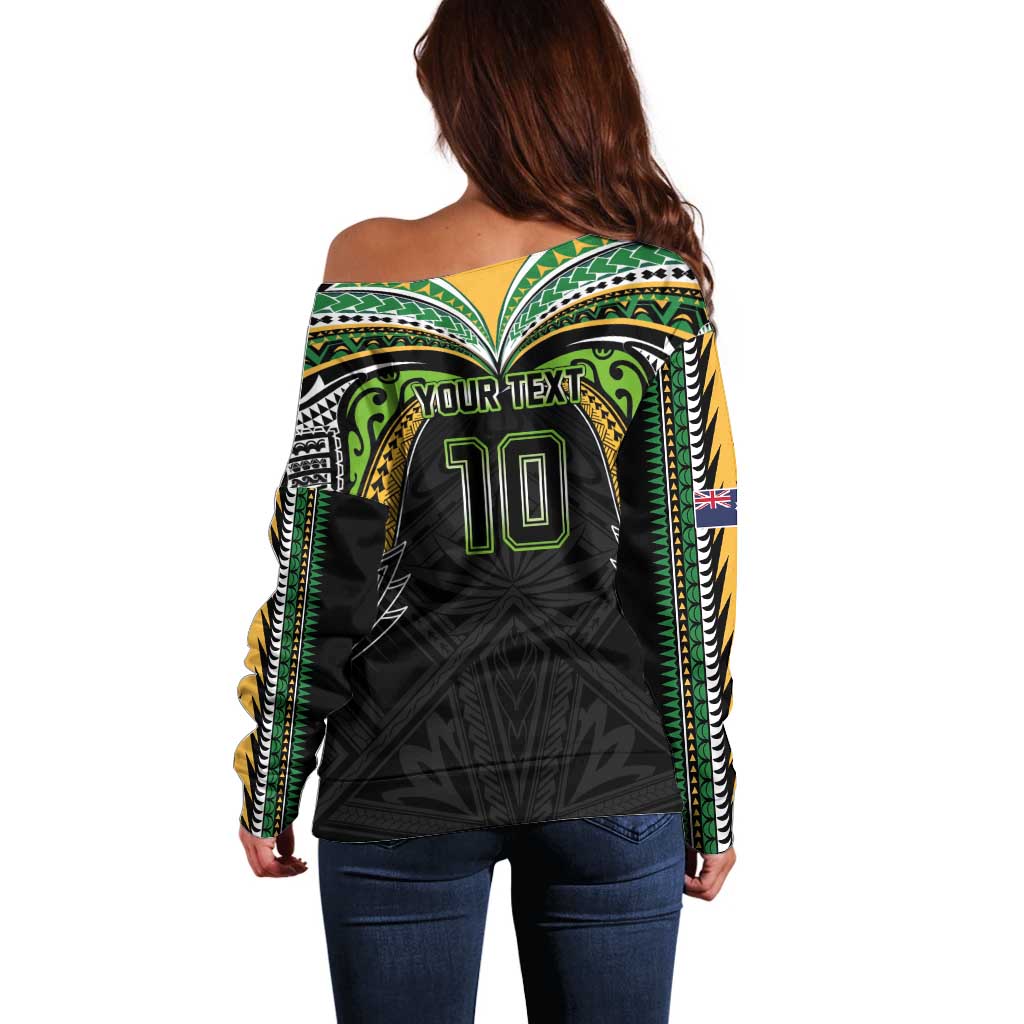 Custom Cook Islands Rugby League Off Shoulder Sweater Tatau Tribal Motifs-Black Color LT03 - Polynesian Pride