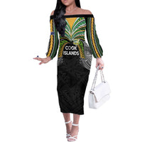 Custom Cook Islands Rugby League Off The Shoulder Long Sleeve Dress Tatau Tribal Motifs-Black Color - Polynesian Pride