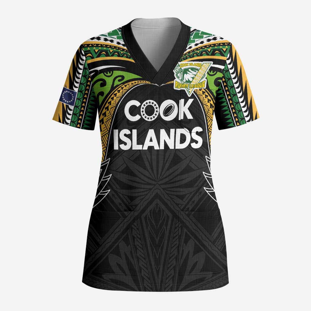 Custom Cook Islands Rugby League Scrub Top Tatau Tribal Motifs-Black Color LT03 Adult Black - Polynesian Pride