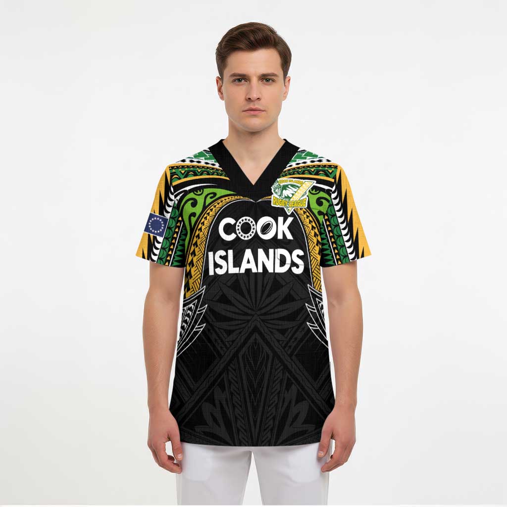 Custom Cook Islands Rugby League Scrub Top Tatau Tribal Motifs-Black Color LT03 - Polynesian Pride