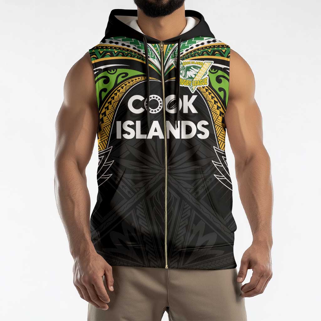 Custom Cook Islands Rugby League Sleeveless Zip Hoodie Tatau Tribal Motifs-Black Color - Polynesian Pride