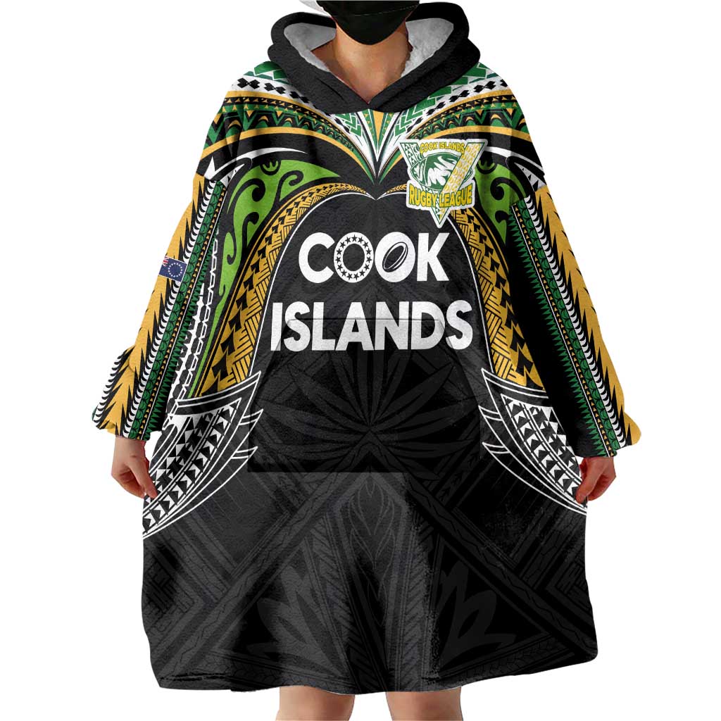 Custom Cook Islands Rugby League Wearable Blanket Hoodie Tatau Tribal Motifs-Black Color - Polynesian Pride