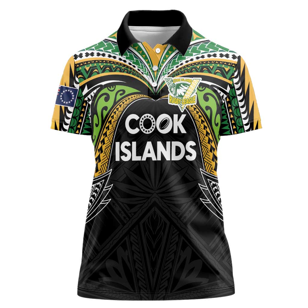 Custom Cook Islands Rugby League Women Polo Shirt Tatau Tribal Motifs-Black Color - Polynesian Pride