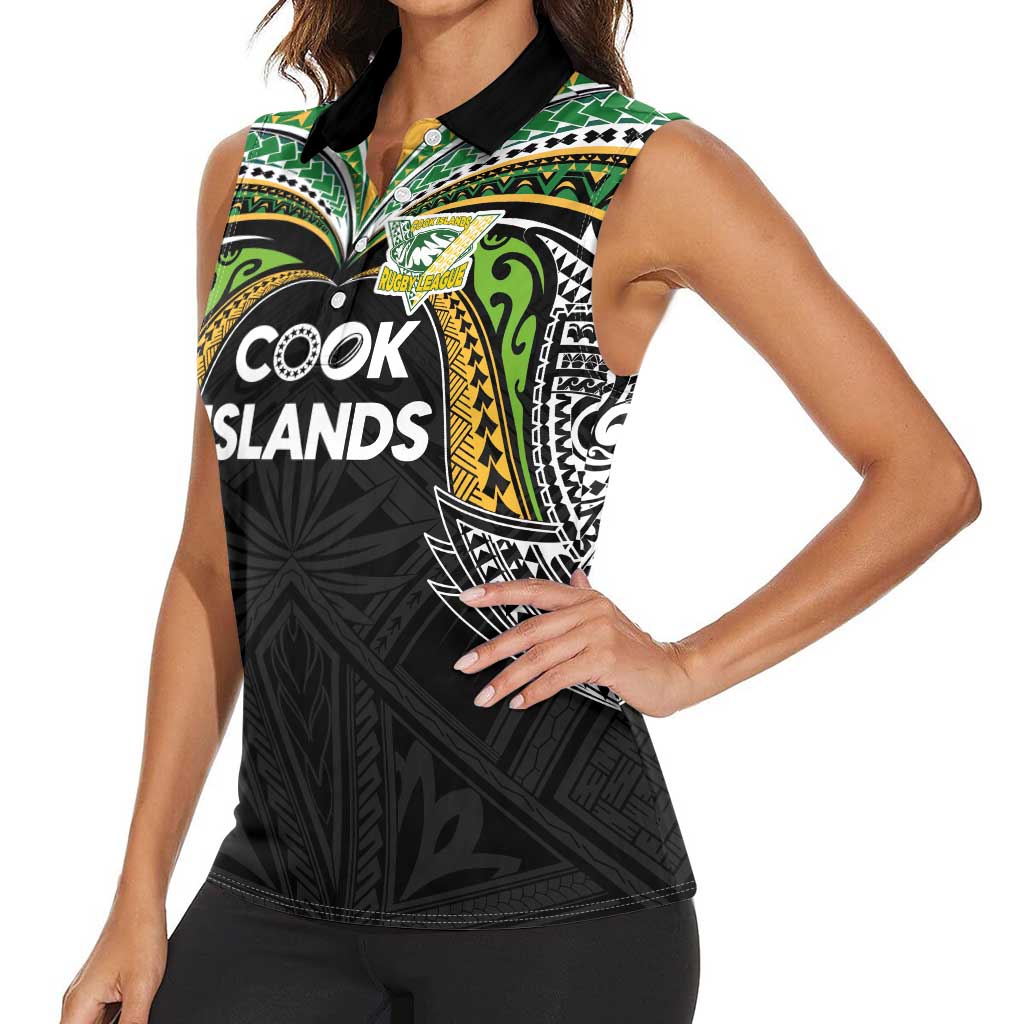 Custom Cook Islands Rugby League Women Sleeveless Polo Shirt Tatau Tribal Motifs-Black Color LT03 - Polynesian Pride