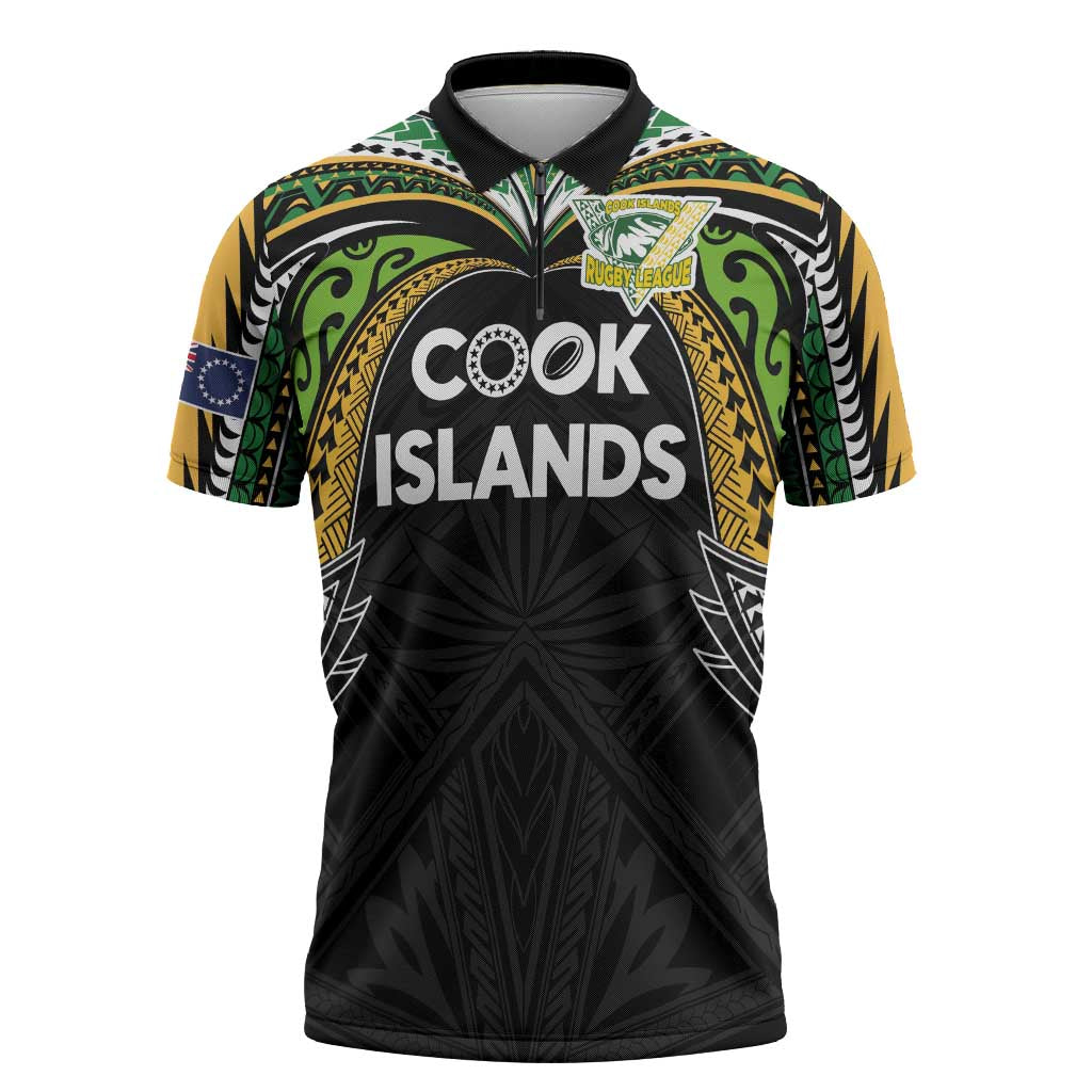 Custom Cook Islands Rugby League Zipper Polo Shirt Tatau Tribal Motifs-Black Color - Polynesian Pride