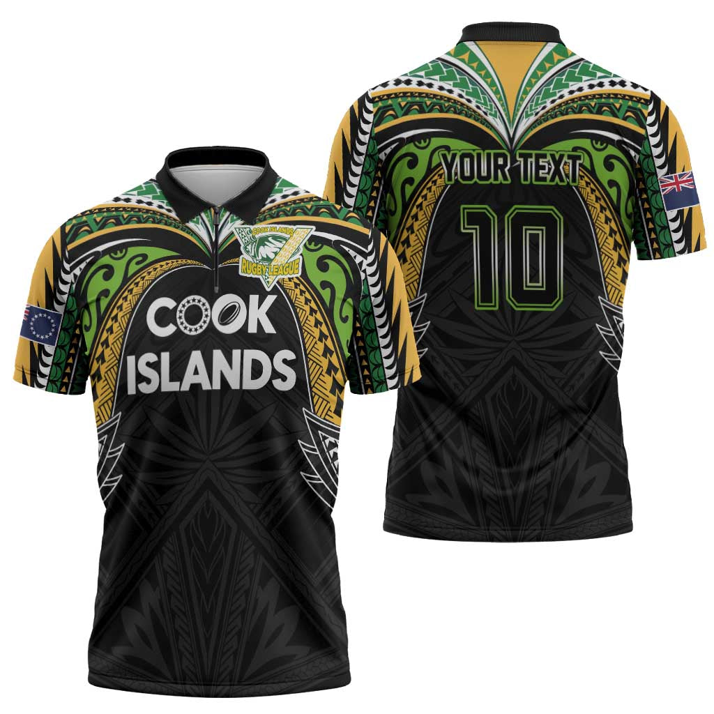 Custom Cook Islands Rugby League Zipper Polo Shirt Tatau Tribal Motifs-Black Color - Polynesian Pride