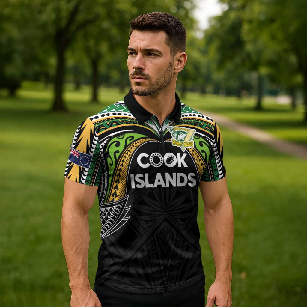 Custom Cook Islands Rugby League Zipper Polo Shirt Tatau Tribal Motifs-Black Color - Polynesian Pride