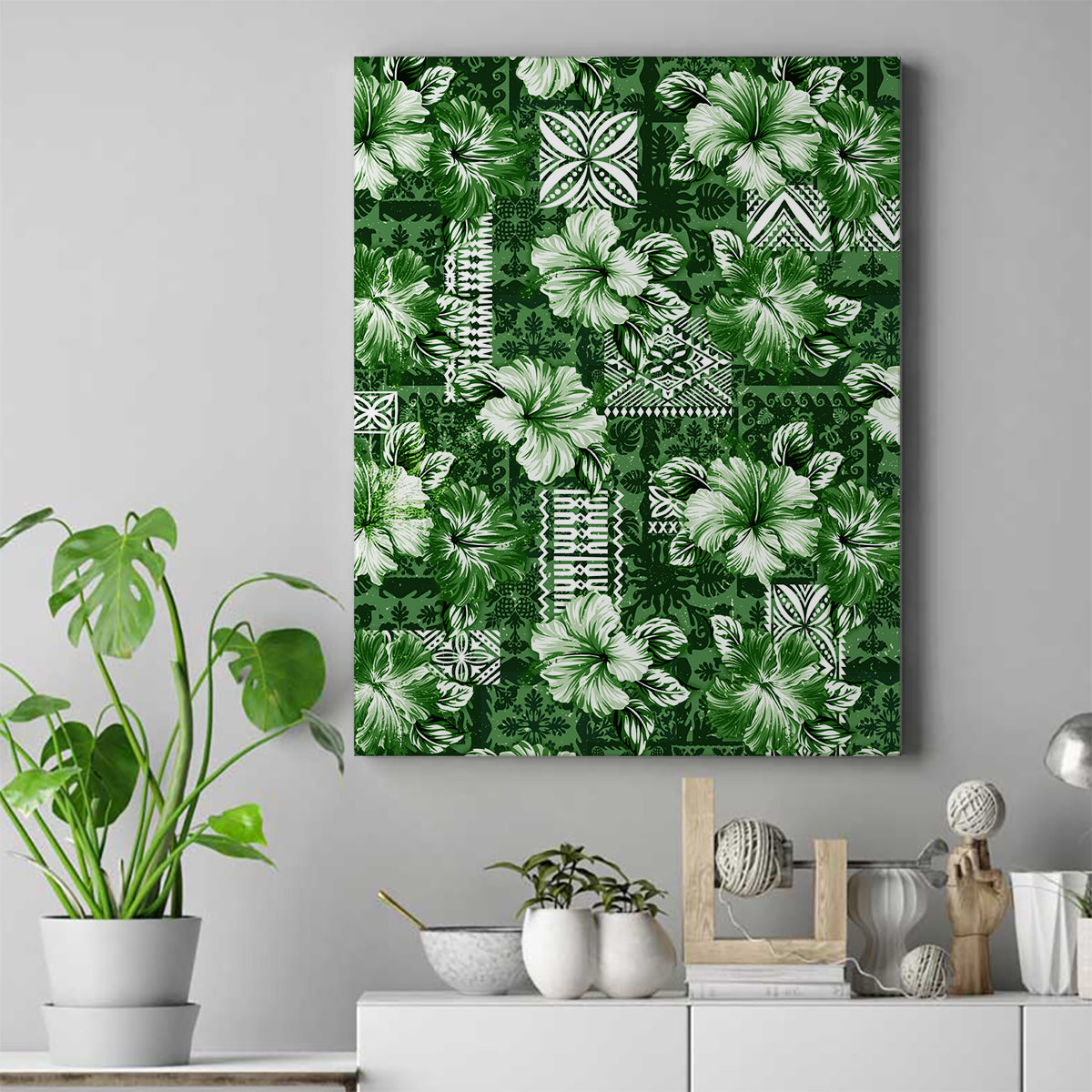 Hawaiian Quilt Pattern Canvas Wall Art Hibiscus and Tribal Element Vintage Green Vibe LT03 Green - Polynesian Pride