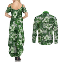 Hawaiian Quilt Pattern Couples Matching Summer Maxi Dress and Long Sleeve Button Shirt Hibiscus and Tribal Element Vintage Green Vibe LT03 - Polynesian Pride