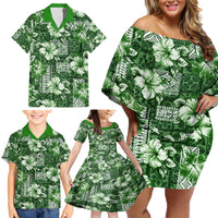 Hawaiian Quilt Pattern Family Matching Off Shoulder Short Dress and Hawaiian Shirt Hibiscus and Tribal Element Vintage Green Vibe LT03 - Polynesian Pride