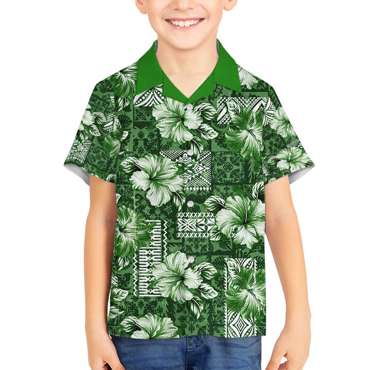 Hawaiian Quilt Pattern Family Matching Off Shoulder Short Dress and Hawaiian Shirt Hibiscus and Tribal Element Vintage Green Vibe LT03 Son's Shirt Green - Polynesian Pride