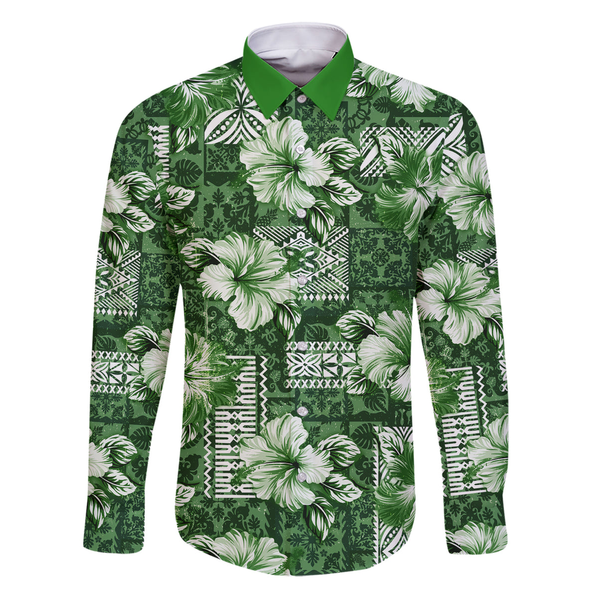 Hawaiian Quilt Pattern Family Matching Short Sleeve Bodycon Dress and Hawaiian Shirt Hibiscus and Tribal Element Vintage Green Vibe LT03 Dad's Shirt - Long Sleeve Green - Polynesian Pride