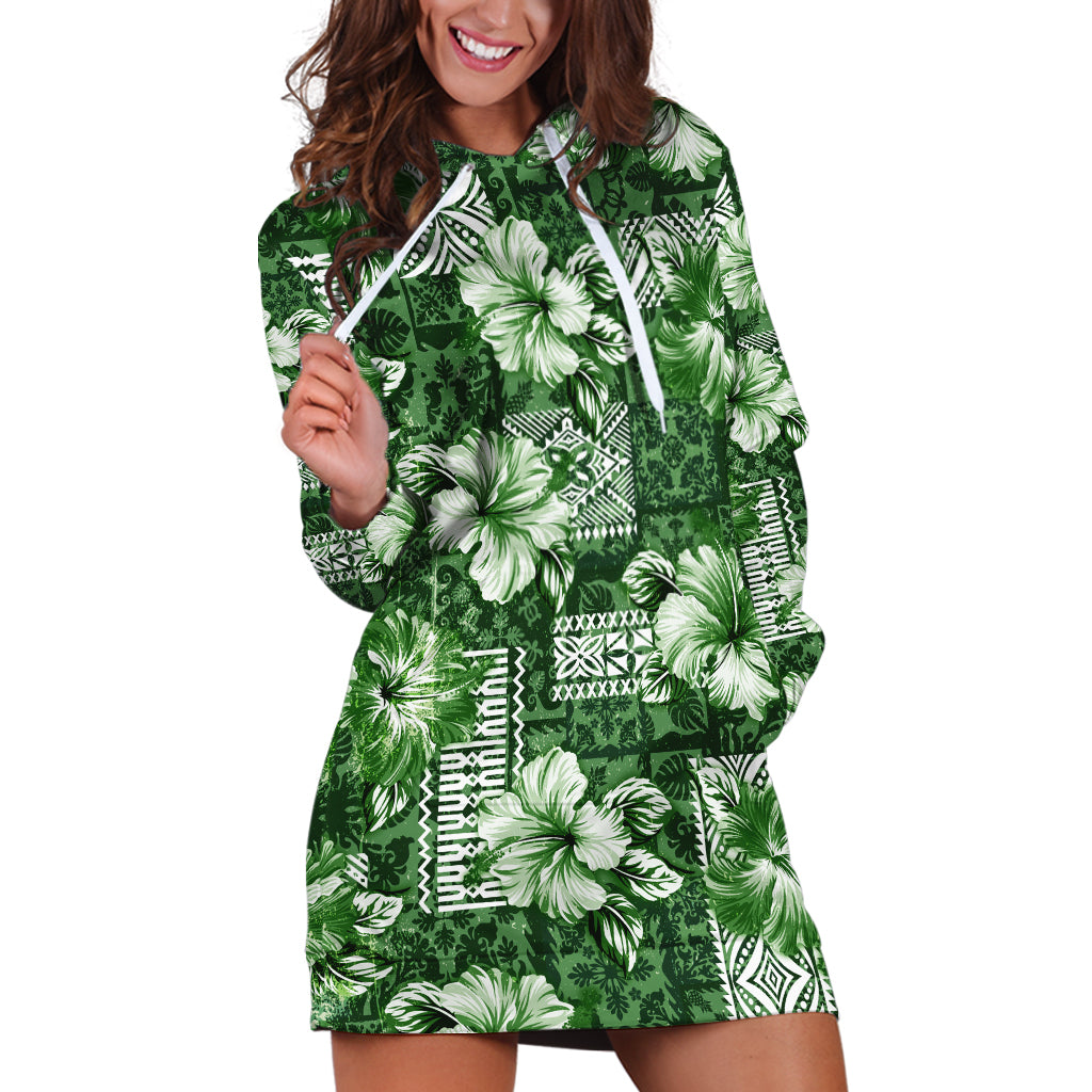 Hawaiian Quilt Pattern Hoodie Dress Hibiscus and Tribal Element Vintage Green Vibe LT03 Green - Polynesian Pride