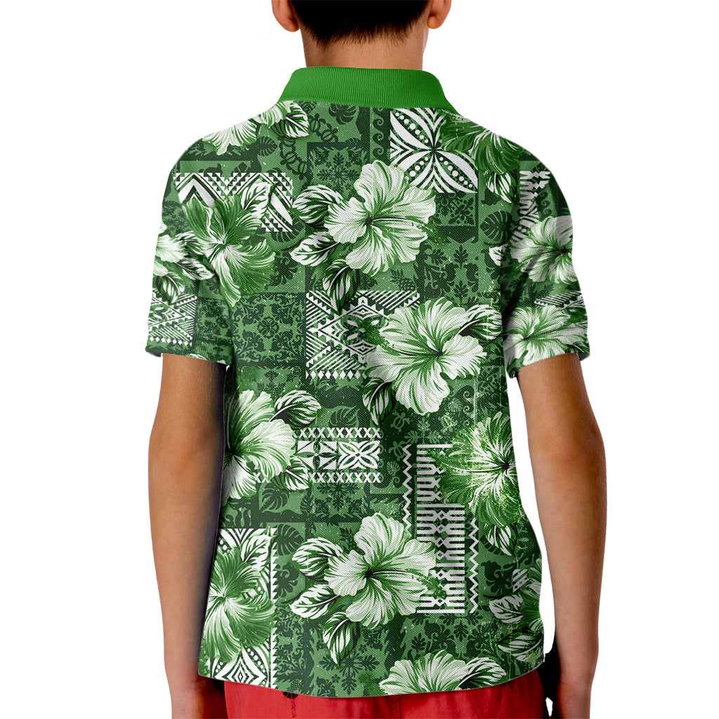 Hawaiian Quilt Pattern Kid Polo Shirt Hibiscus and Tribal Element Vintage Green Vibe LT03 - Polynesian Pride