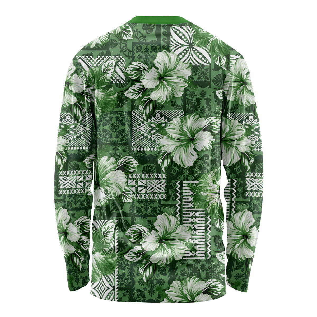 Hawaiian Quilt Pattern Long Sleeve Shirt Hibiscus and Tribal Element Vintage Green Vibe LT03 - Polynesian Pride