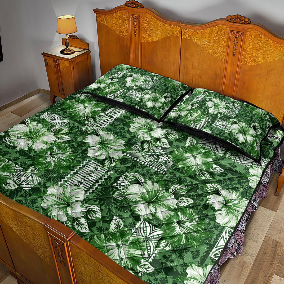 Hawaiian Quilt Pattern Quilt Bed Set Hibiscus and Tribal Element Vintage Green Vibe LT03 - Polynesian Pride