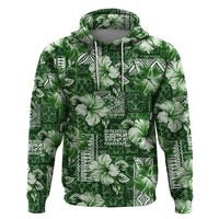 Hawaiian Quilt Pattern Zip Hoodie Hibiscus and Tribal Element Vintage Green Vibe LT03 Pullover Hoodie Green - Polynesian Pride