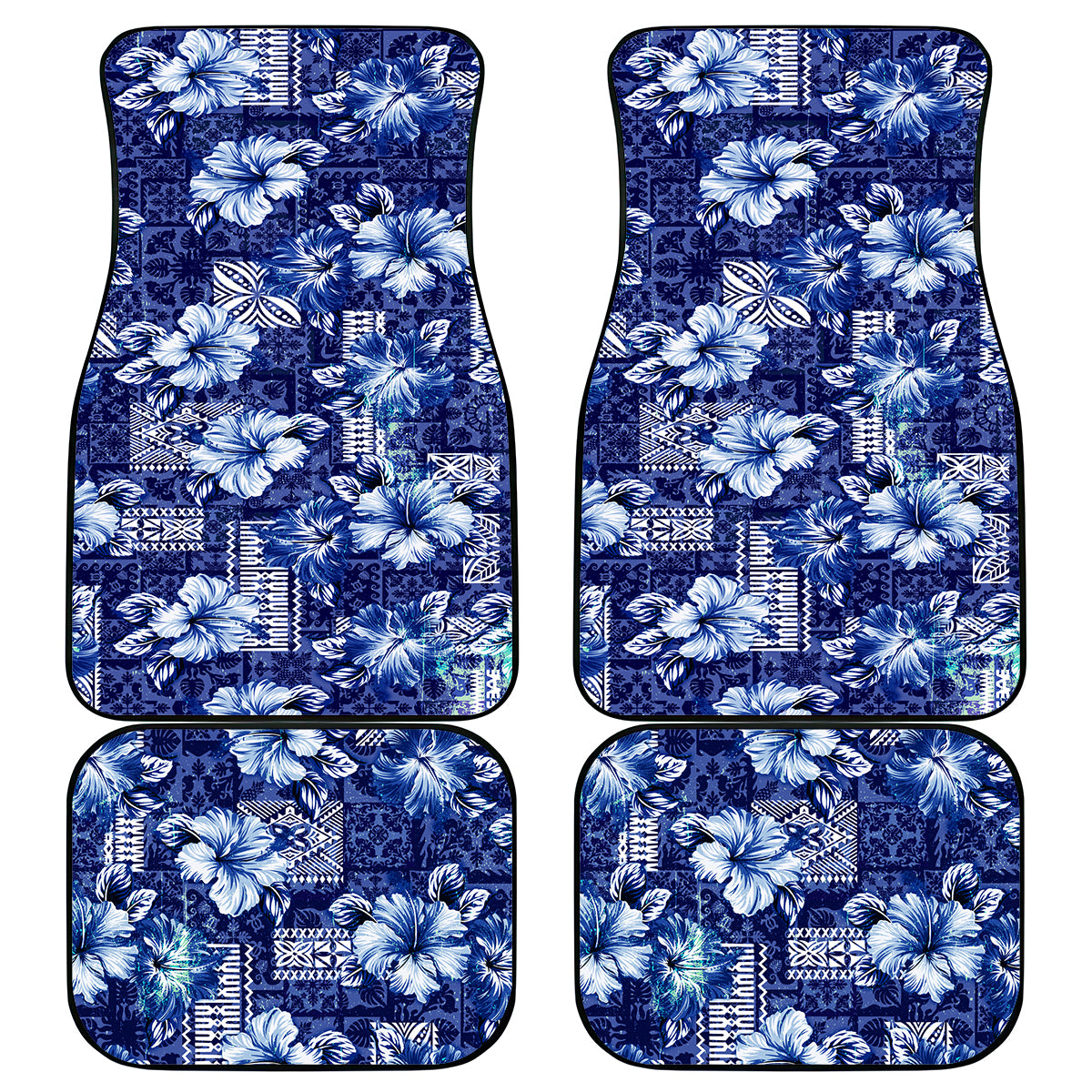 Hawaiian Quilt Pattern Car Mats Hibiscus and Tribal Element Vintage Blue Vibe LT03 Blue - Polynesian Pride