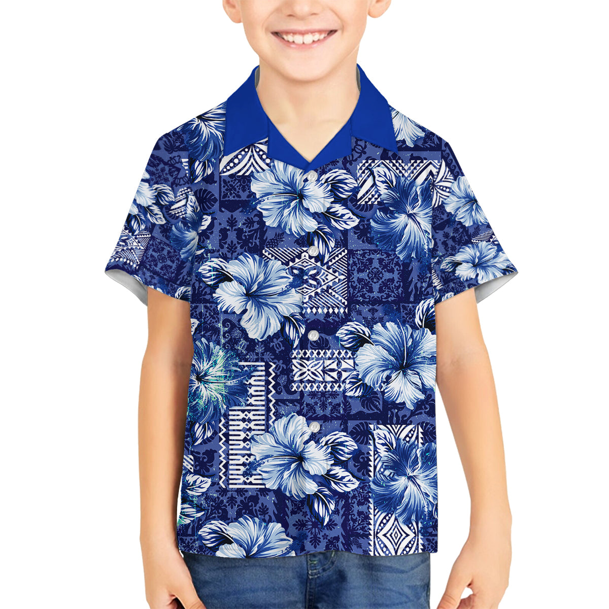 Hawaiian Quilt Pattern Family Matching Off Shoulder Long Sleeve Dress and Hawaiian Shirt Hibiscus and Tribal Element Vintage Blue Vibe LT03 Son's Shirt Blue - Polynesian Pride