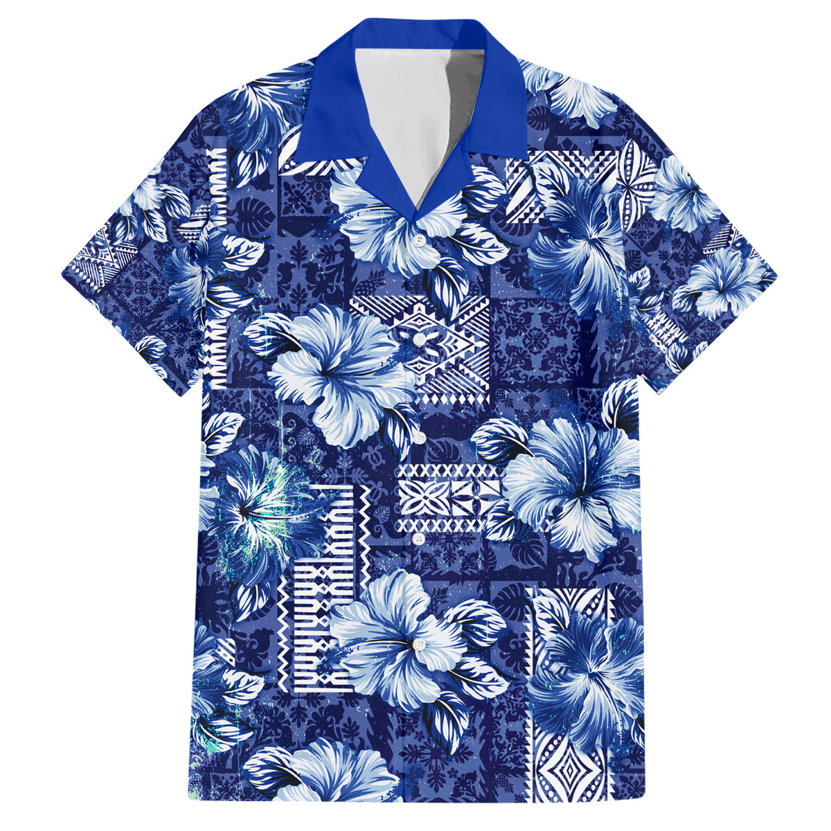 Hawaiian Quilt Pattern Family Matching Short Sleeve Bodycon Dress and Hawaiian Shirt Hibiscus and Tribal Element Vintage Blue Vibe LT03 Dad's Shirt - Short Sleeve Blue - Polynesian Pride