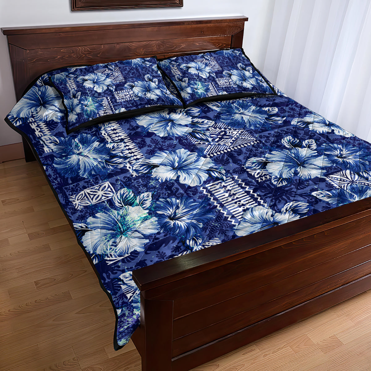 Hawaiian Quilt Pattern Quilt Bed Set Hibiscus and Tribal Element Vintage Blue Vibe LT03 - Polynesian Pride