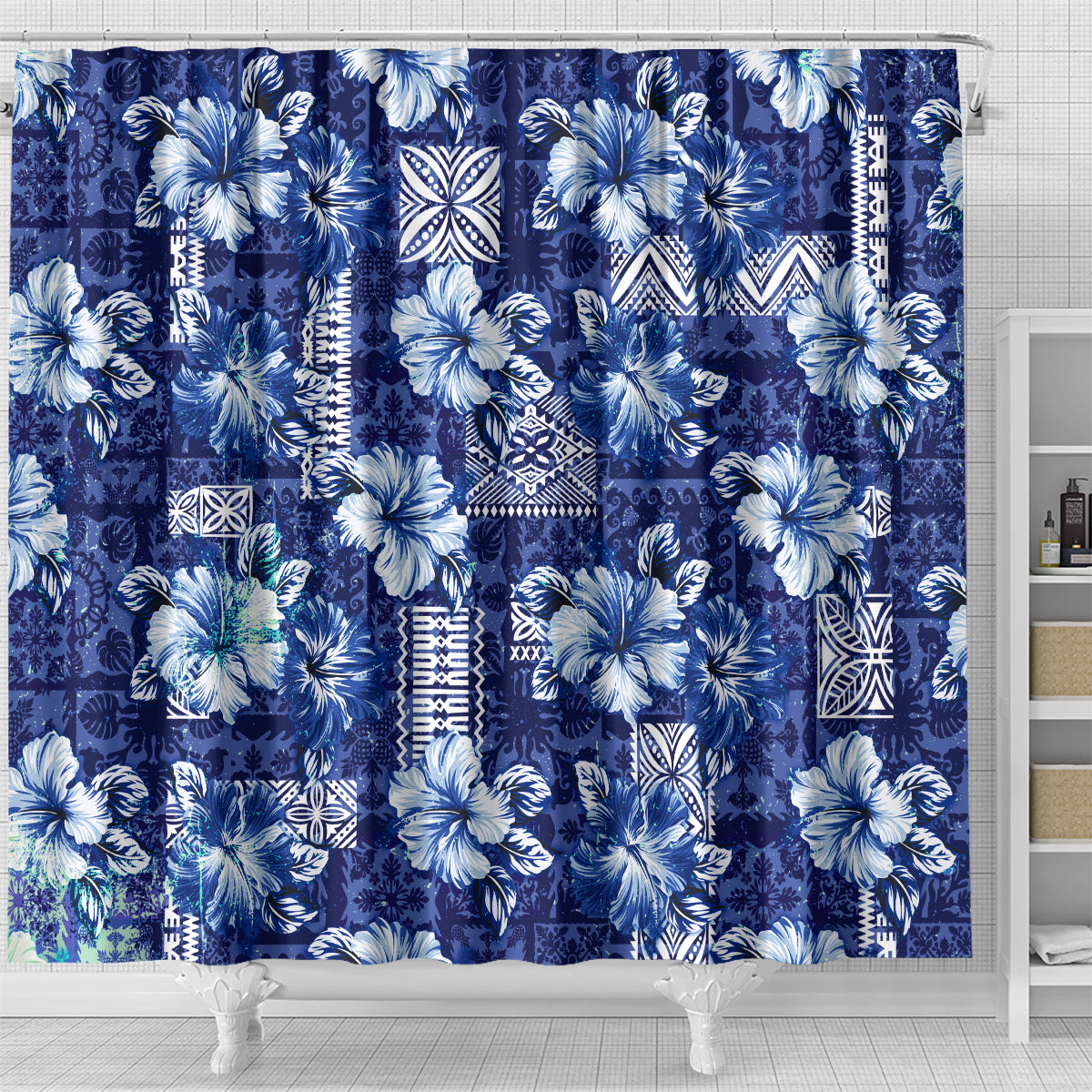 Hawaiian Quilt Pattern Shower Curtain Hibiscus and Tribal Element Vintage Blue Vibe LT03 - Polynesian Pride