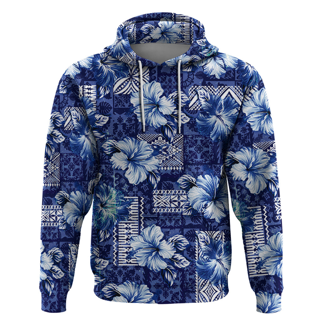 Hawaiian Quilt Pattern Zip Hoodie Hibiscus and Tribal Element Vintage Blue Vibe LT03 Pullover Hoodie Blue - Polynesian Pride