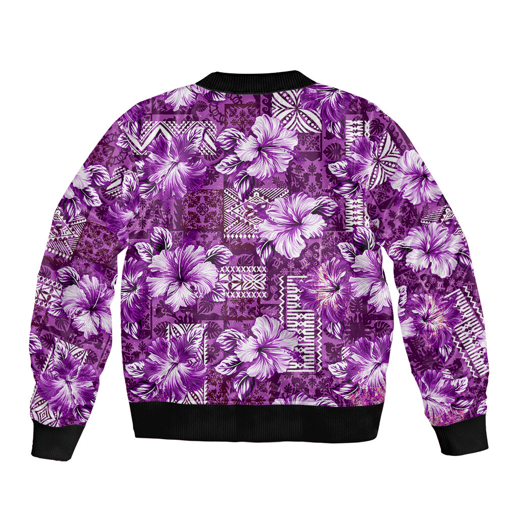 Hawaiian Quilt Pattern Bomber Jacket Hibiscus and Tribal Element Vintage Purple Vibe LT03 - Polynesian Pride