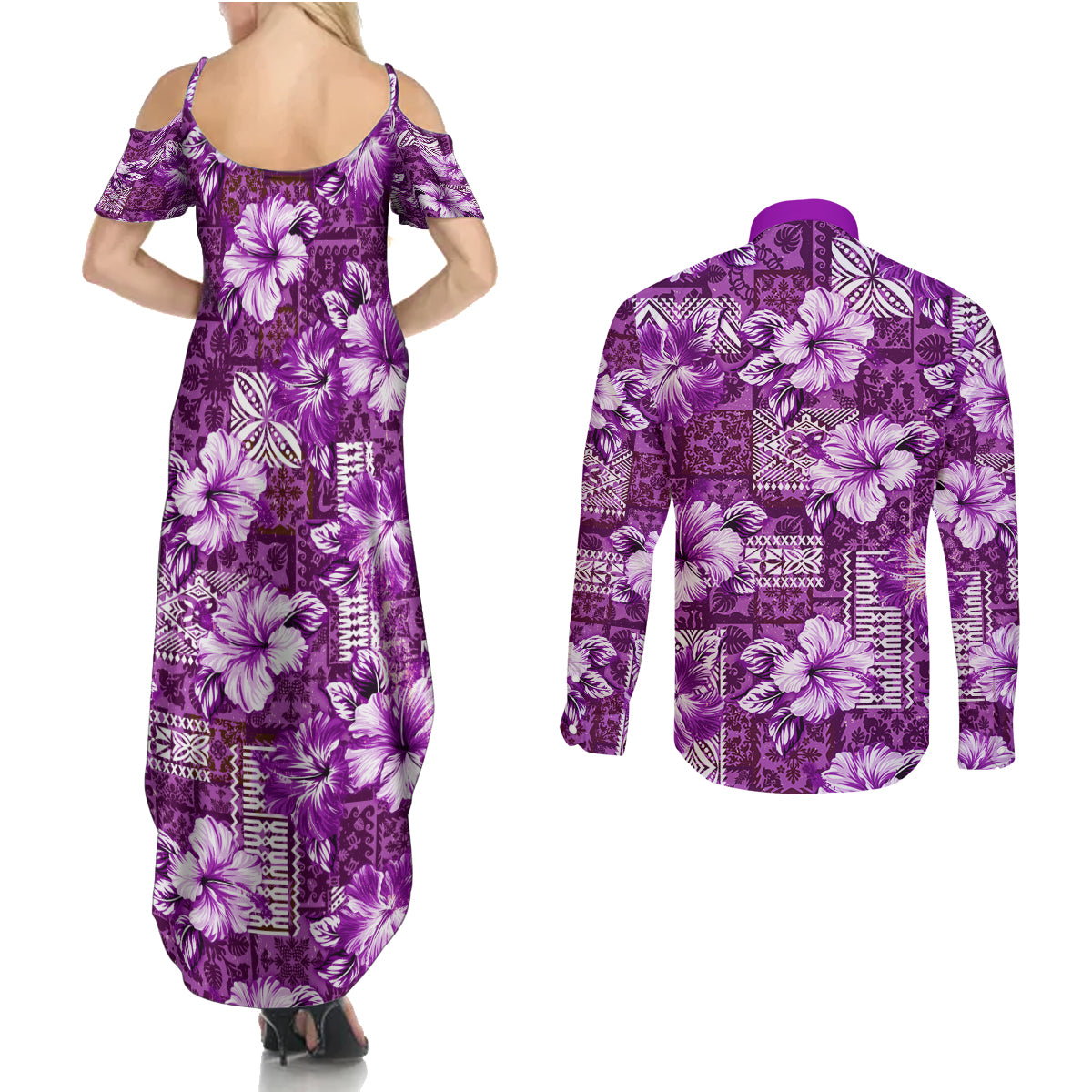 Hawaiian Quilt Pattern Couples Matching Summer Maxi Dress and Long Sleeve Button Shirt Hibiscus and Tribal Element Vintage Purple Vibe LT03 - Polynesian Pride