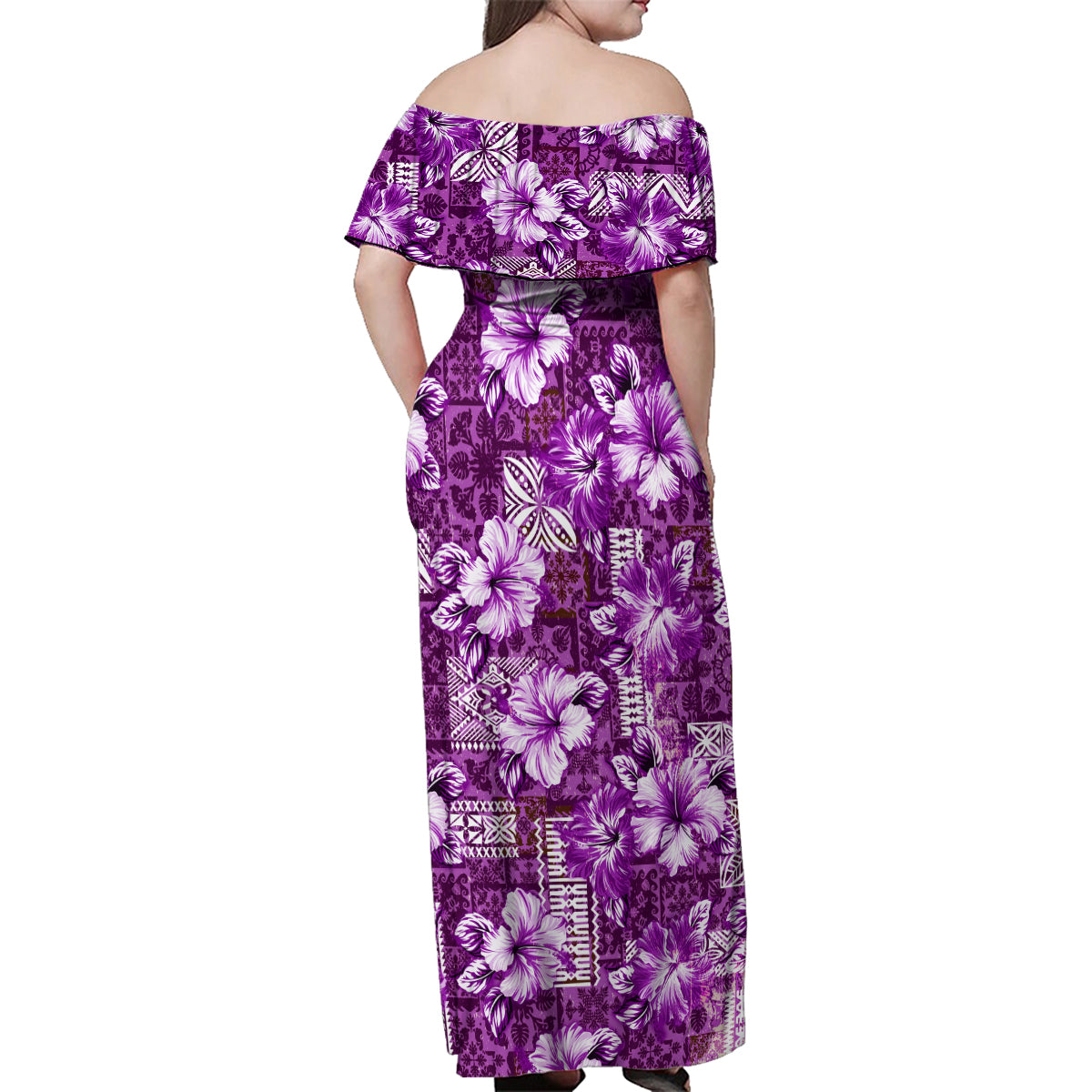 Hawaiian Quilt Pattern Family Matching Off Shoulder Maxi Dress and Hawaiian Shirt Hibiscus and Tribal Element Vintage Purple Vibe LT03 - Polynesian Pride