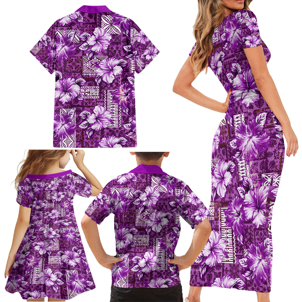 Hawaiian Quilt Pattern Family Matching Short Sleeve Bodycon Dress and Hawaiian Shirt Hibiscus and Tribal Element Vintage Purple Vibe LT03 - Polynesian Pride