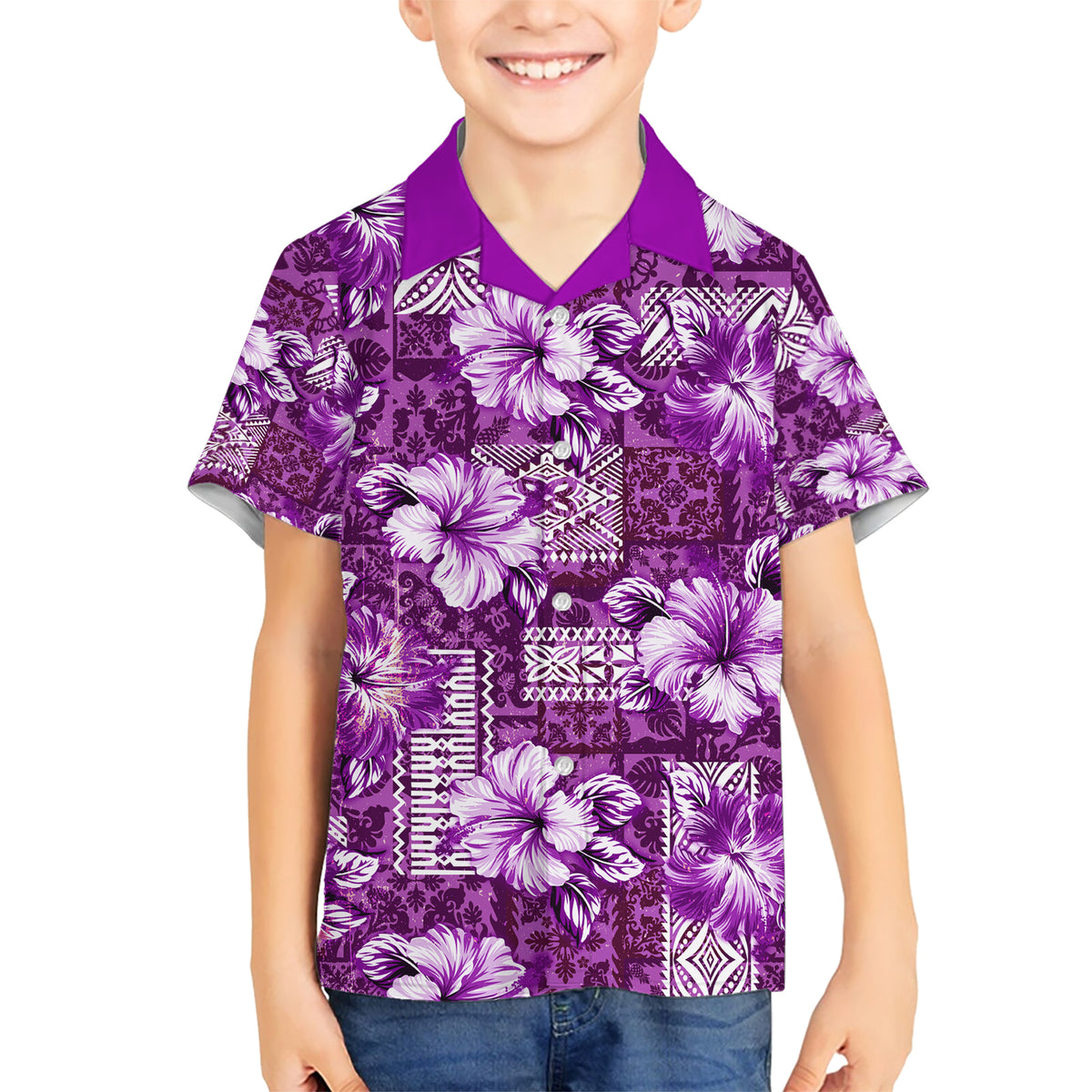 Hawaiian Quilt Pattern Hawaiian Shirt Hibiscus and Tribal Element Vintage Purple Vibe LT03 - Polynesian Pride