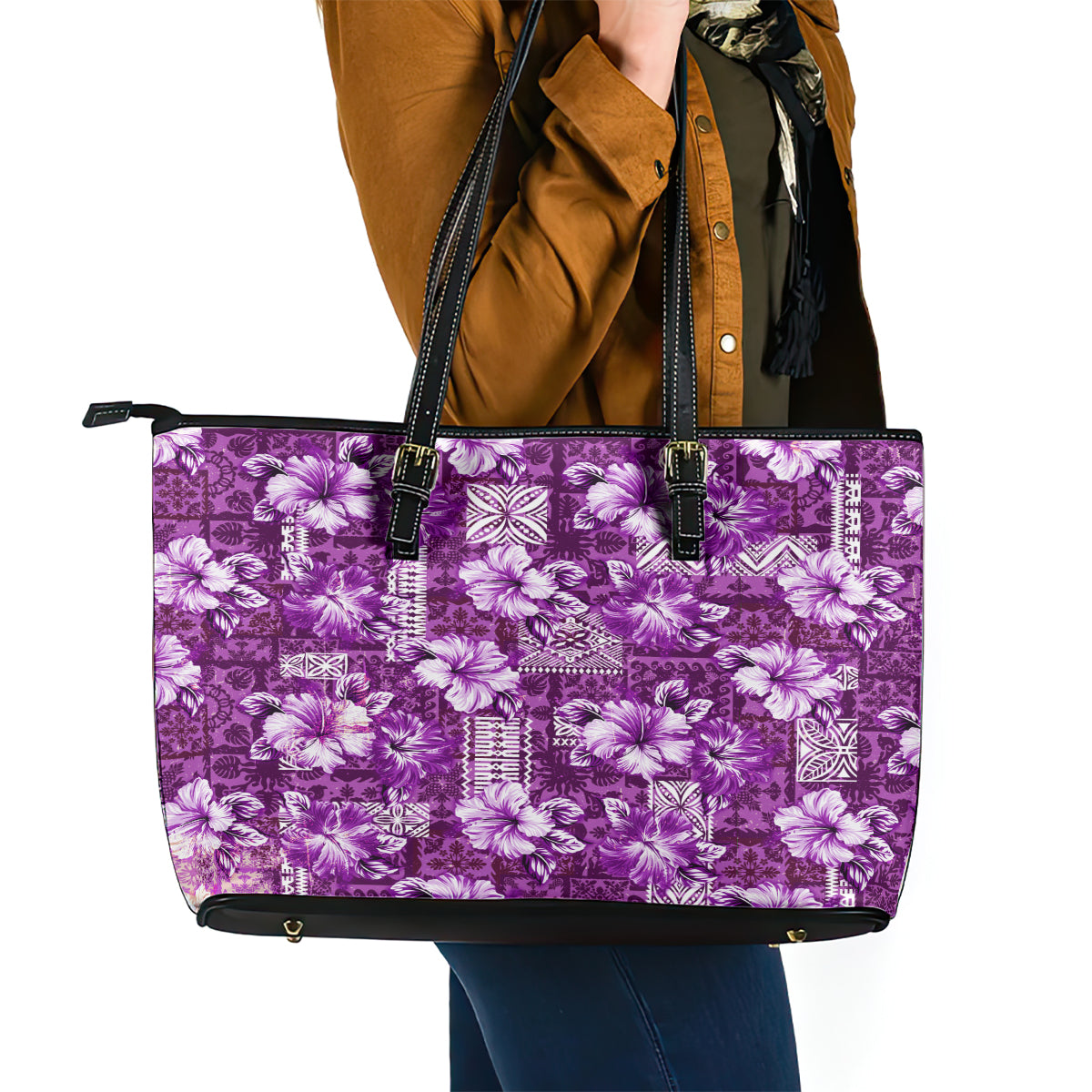Hawaiian Quilt Pattern Leather Tote Bag Hibiscus and Tribal Element Vintage Purple Vibe LT03 - Polynesian Pride