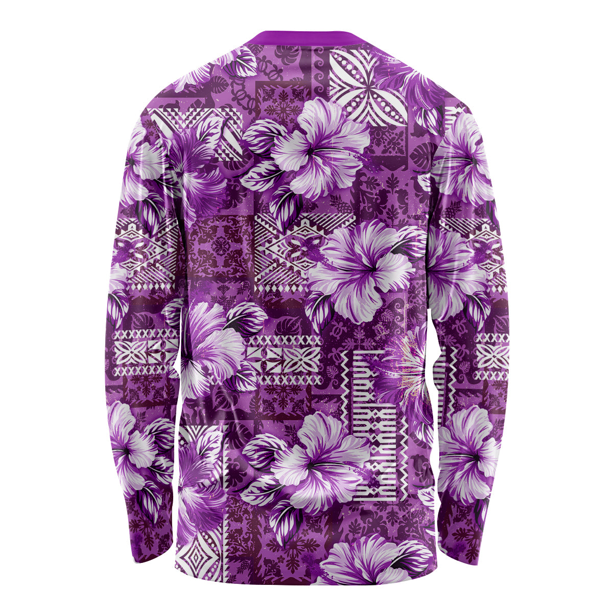 Hawaiian Quilt Pattern Long Sleeve Shirt Hibiscus and Tribal Element Vintage Purple Vibe LT03 - Polynesian Pride
