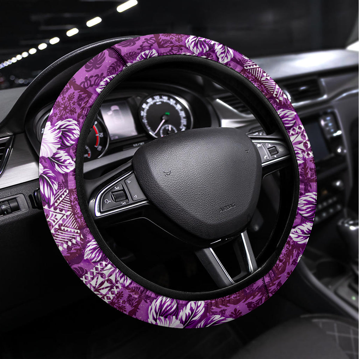 Hawaiian Quilt Pattern Steering Wheel Cover Hibiscus and Tribal Element Vintage Purple Vibe LT03 Universal Fit Purple - Polynesian Pride