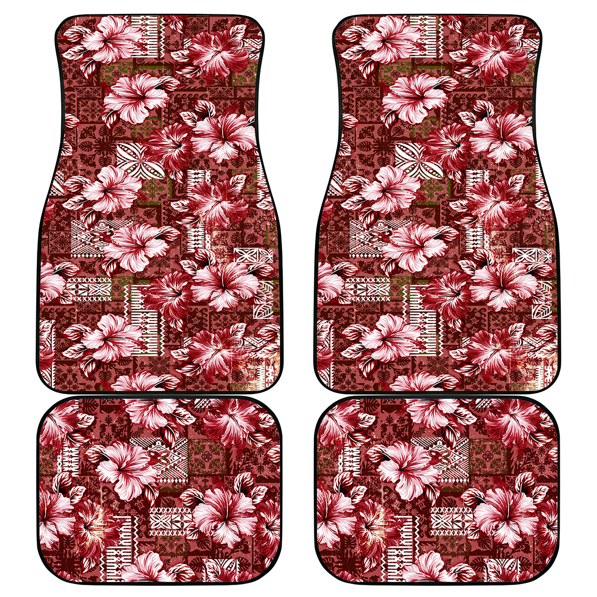 Hawaiian Quilt Pattern Car Mats Hibiscus and Tribal Element Vintage Red Vibe LT03 Red - Polynesian Pride