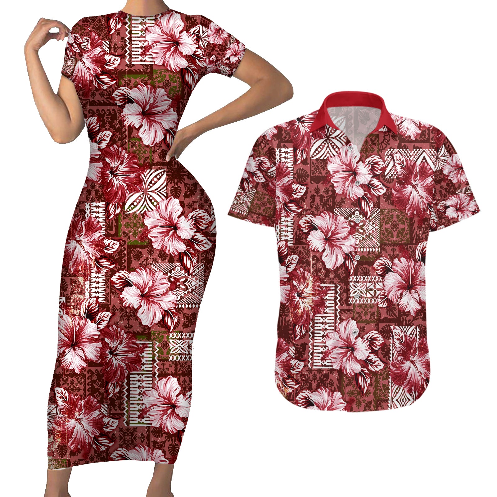 Hawaiian Quilt Pattern Couples Matching Short Sleeve Bodycon Dress and Hawaiian Shirt Hibiscus and Tribal Element Vintage Red Vibe LT03 Red - Polynesian Pride