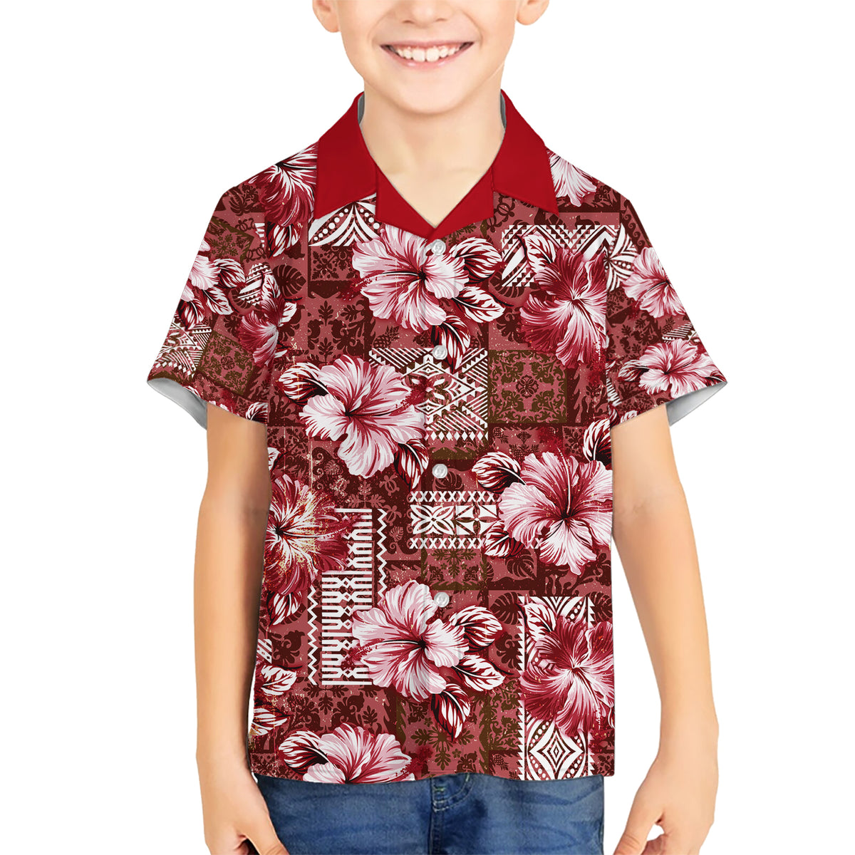 Hawaiian Quilt Pattern Hawaiian Shirt Hibiscus and Tribal Element Vintage Red Vibe LT03 - Polynesian Pride