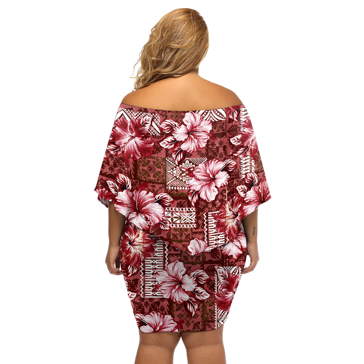 Hawaiian Quilt Pattern Off Shoulder Short Dress Hibiscus and Tribal Element Vintage Red Vibe LT03 - Polynesian Pride