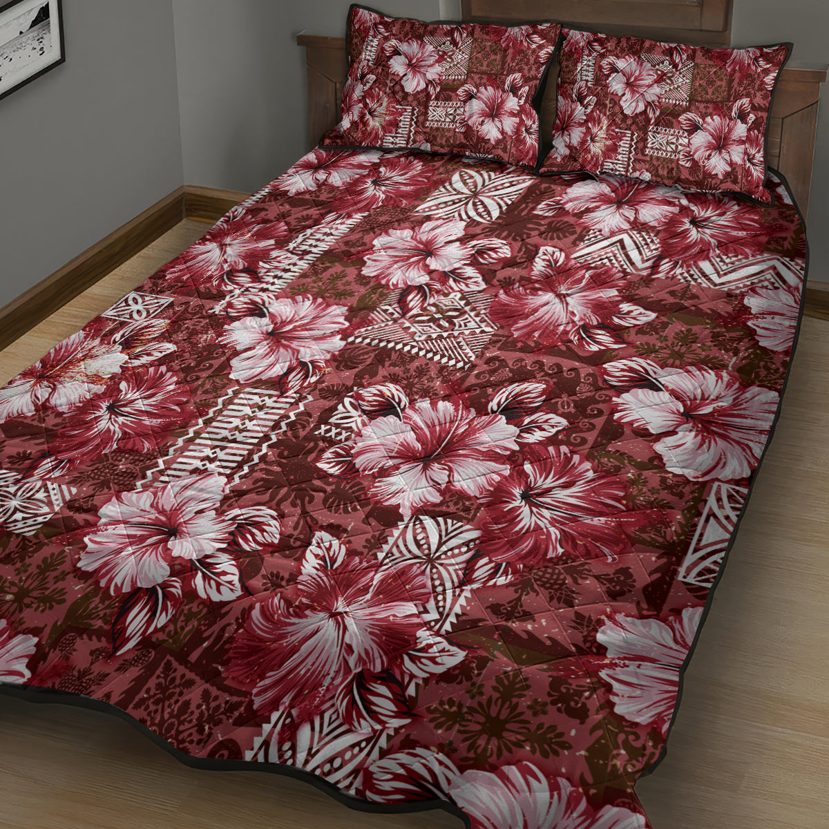 Hawaiian Quilt Pattern Quilt Bed Set Hibiscus and Tribal Element Vintage Red Vibe LT03 - Polynesian Pride