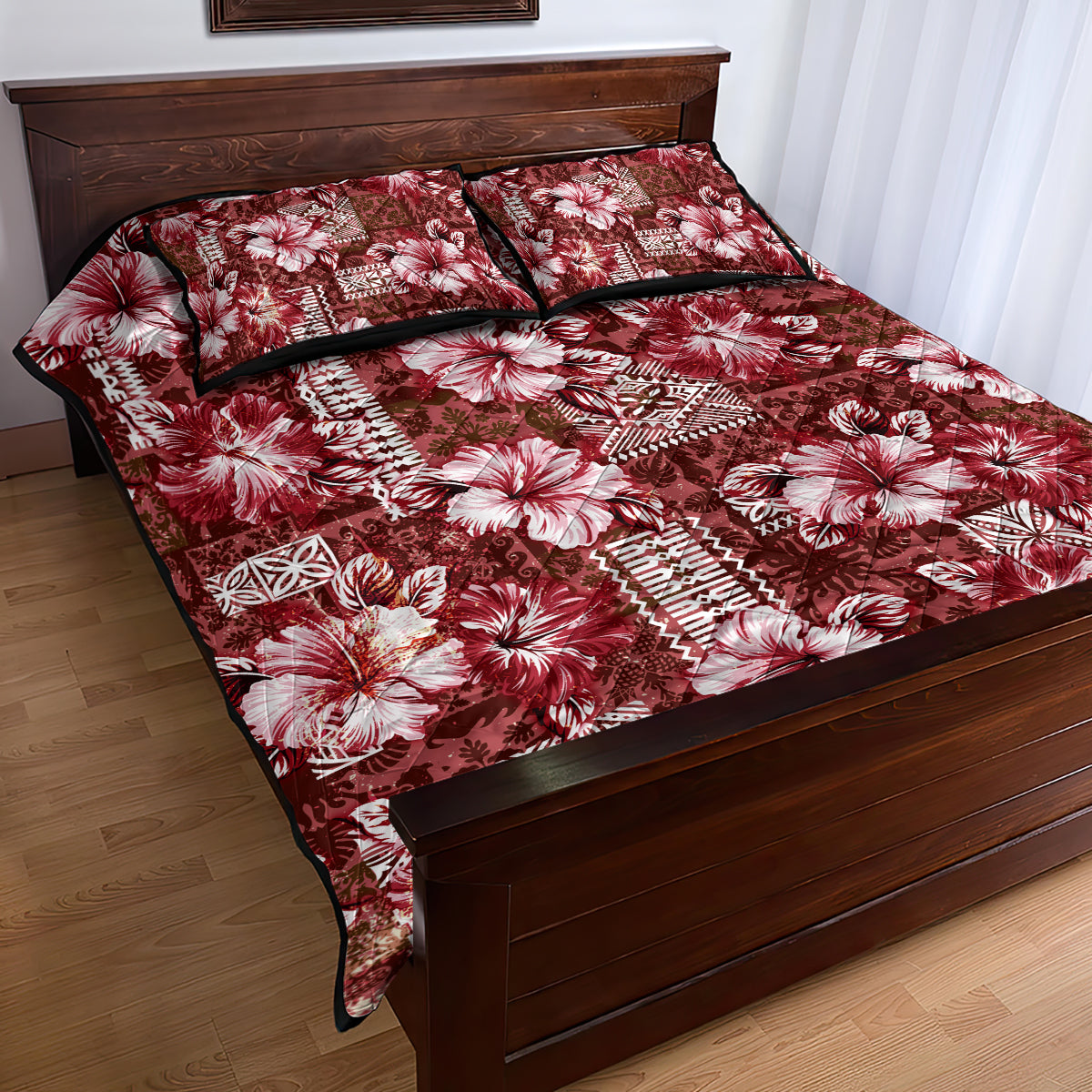 Hawaiian Quilt Pattern Quilt Bed Set Hibiscus and Tribal Element Vintage Red Vibe LT03 - Polynesian Pride