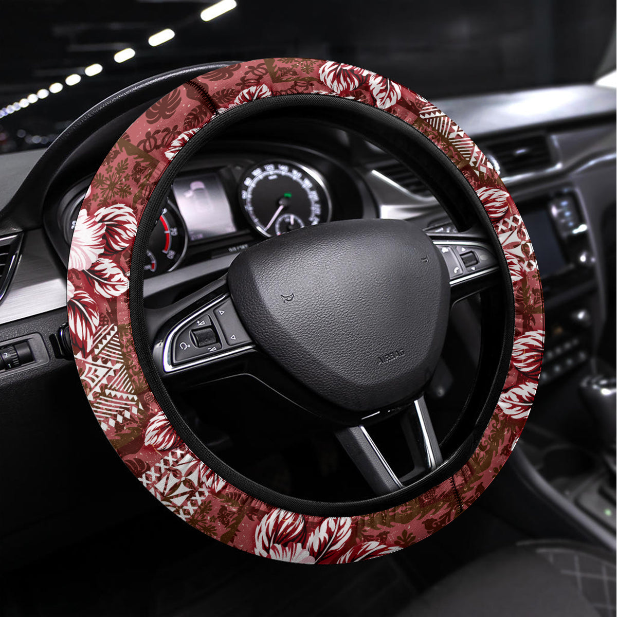 Hawaiian Quilt Pattern Steering Wheel Cover Hibiscus and Tribal Element Vintage Red Vibe LT03 Universal Fit Red - Polynesian Pride