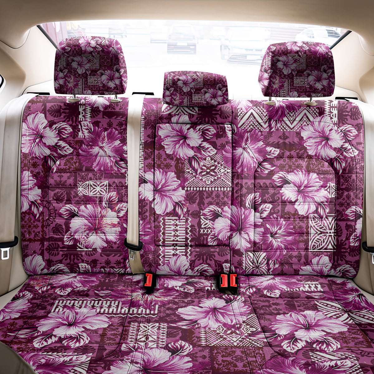 Hawaiian Quilt Pattern Back Car Seat Cover Hibiscus and Tribal Element Vintage Pink Vibe LT03