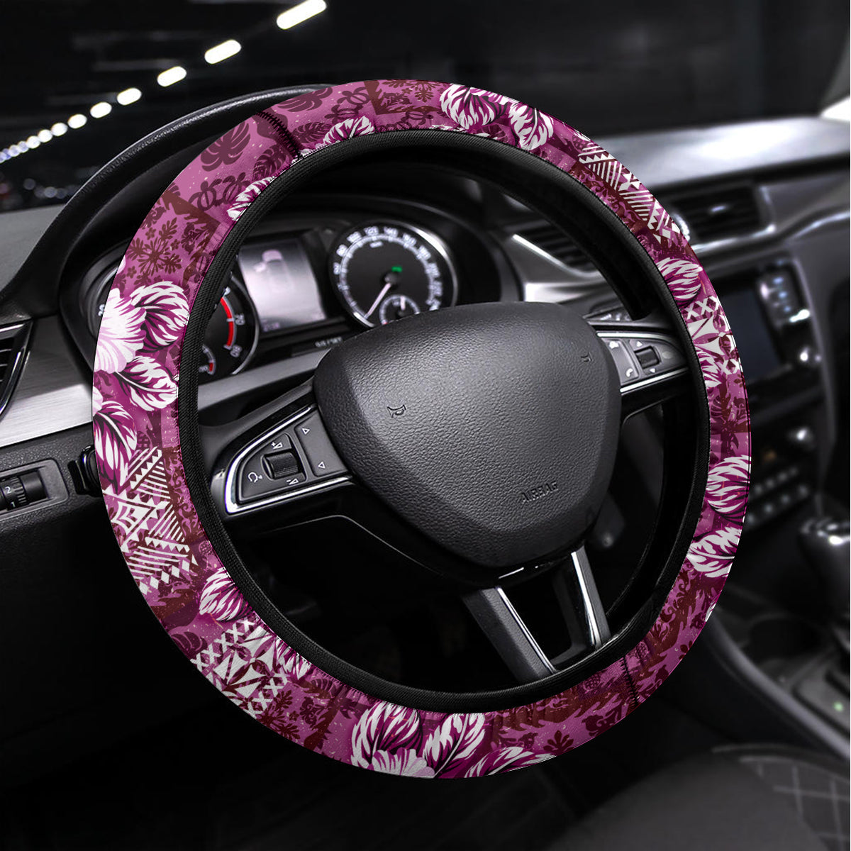 Hawaiian Quilt Pattern Steering Wheel Cover Hibiscus and Tribal Element Vintage Pink Vibe LT03 Universal Fit Pink - Polynesian Pride