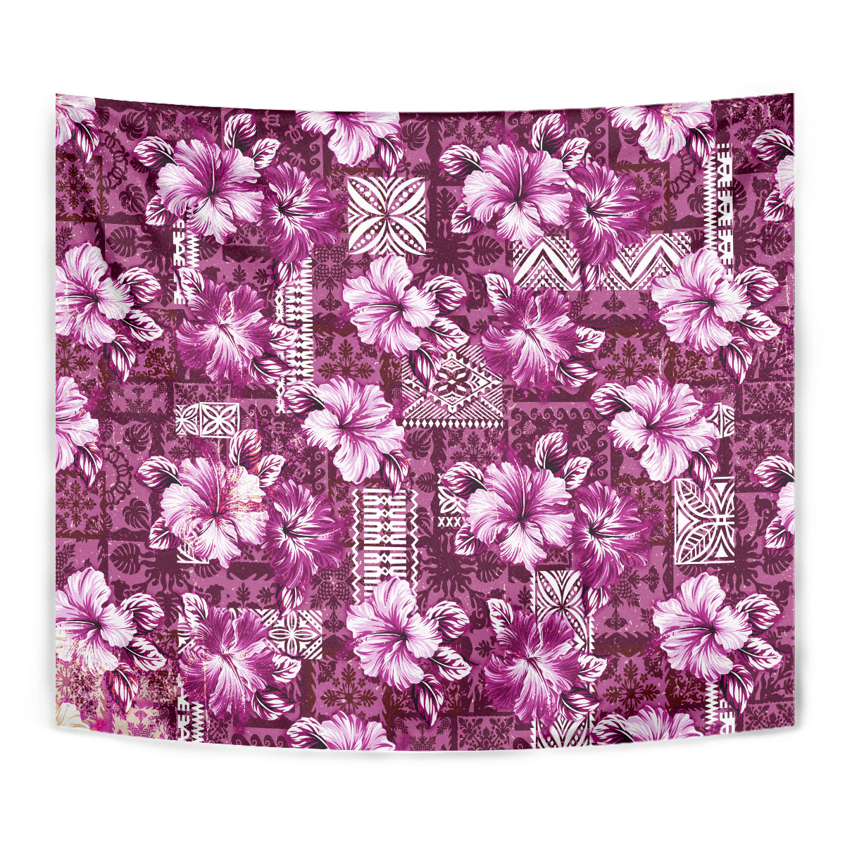 Hawaiian Quilt Pattern Tapestry Hibiscus and Tribal Element Vintage Pink Vibe LT03 - Polynesian Pride